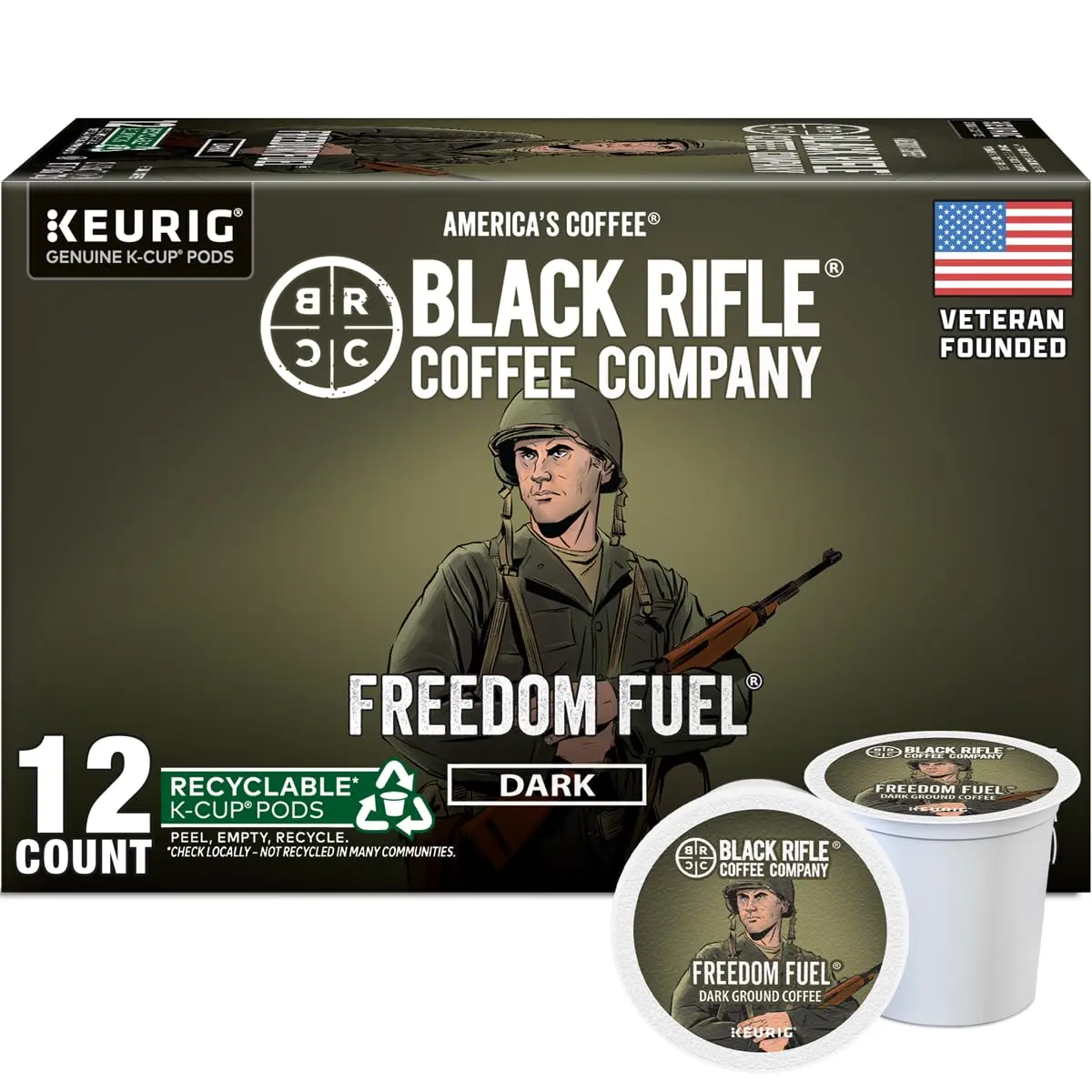 Black Rifle Coffee Dark Roast K-Cup Beverage Pods, Freedom Fuel (12 Count) - Veteran Founded, 100% Arabica, Dark Chocolate Walnut Anise Flavor, Fits All Keurig Models