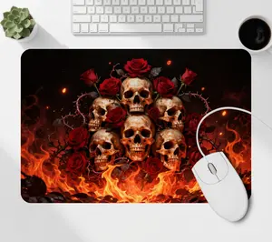 Gothic Flaming Skulls and Roses Desktop Mat, Non-Slip Household Textile Mouse Pad for Desk Use