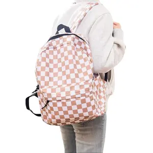Ash Mocha Check Me Out Backpack - Plaid Pattern Nylon Construction with Front Zip Pocket & Adjustable Strap