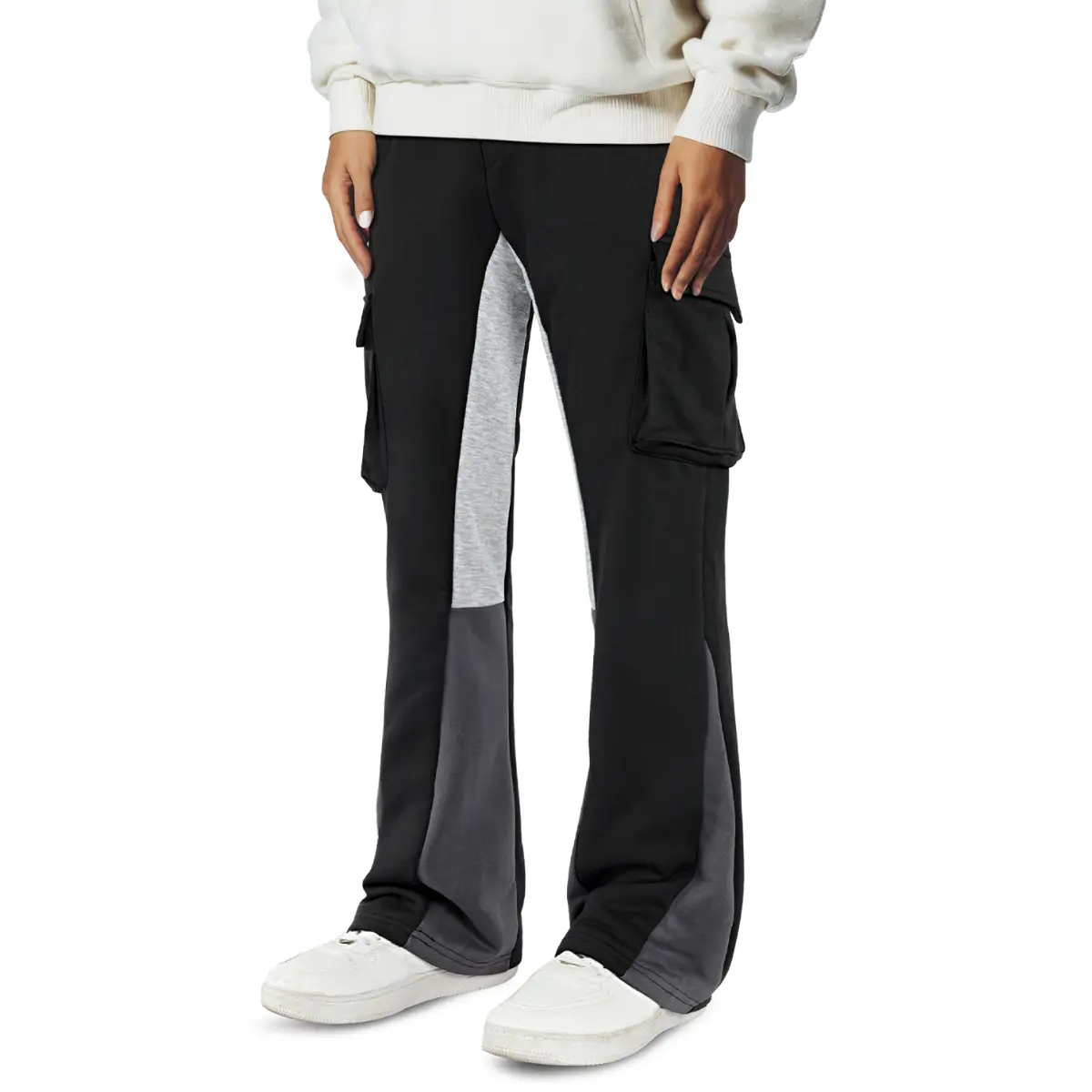GINGTTO Men's Stacked Flared Sweatpants Baggy Cargo Pants Wide Leg Patchwork Streetwear Trousers