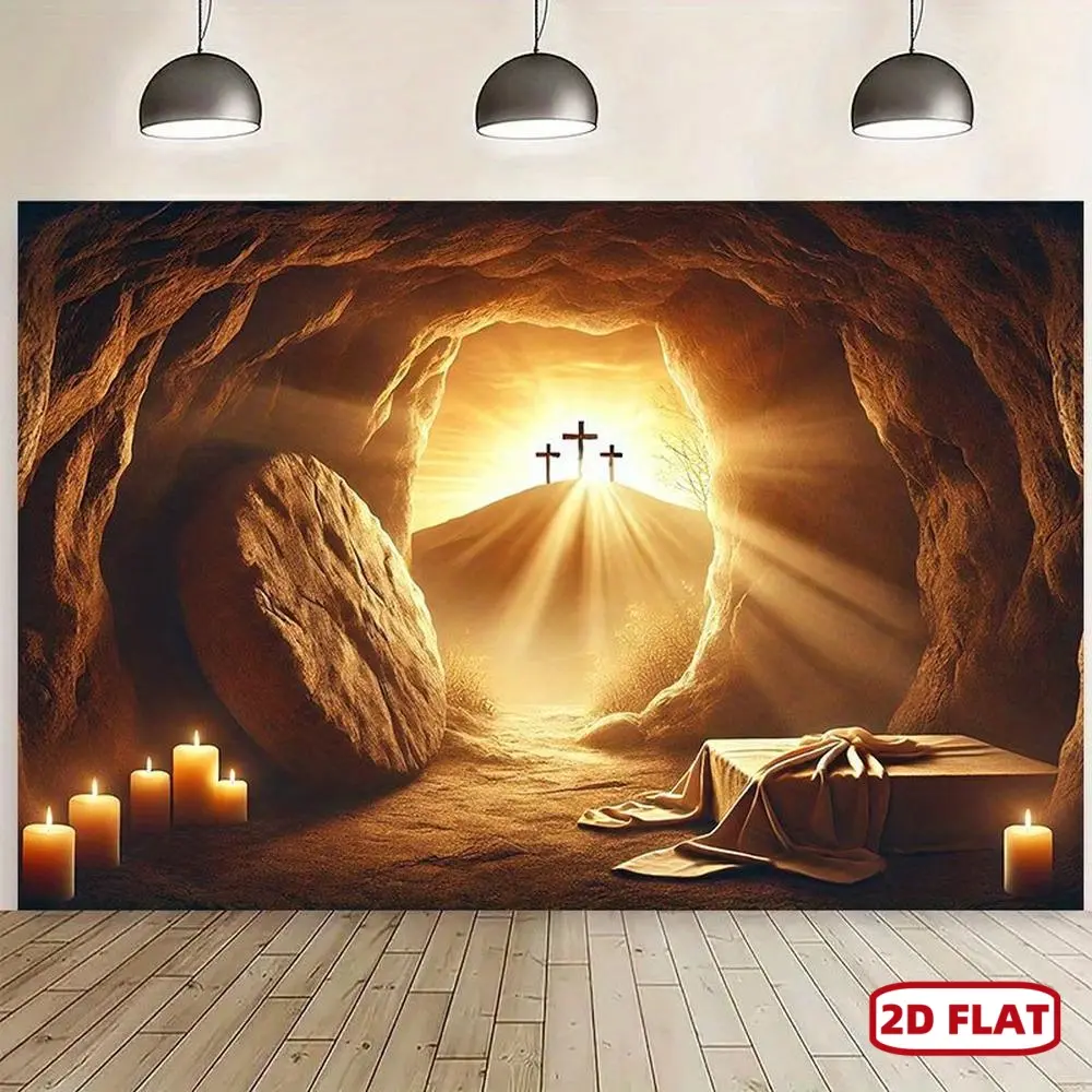 1pc 2D Flat Polyester Spiritual Resurrection Scene Photo Backdrop Banner - Golden Sunrise, Cross, Candles, Draped Cloth - Easy Hanging Party Decoration Supplies, Wall Hanging Photo Backdrop for Festive Events, Photo Backdrops