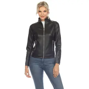 212 MAIN Women's Long Sleeves Fitted Classic Biker Faux Leather Coat - Black, Medium, Comfortable Style, Edgy Appeal, Statement Piece, Women's Tops & Jackets
