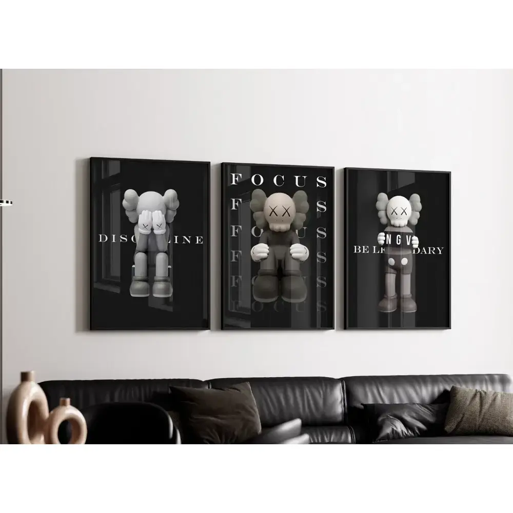 Set of 3 Focused Kaws Art pieces canvas wall home decor Portrait Gallery