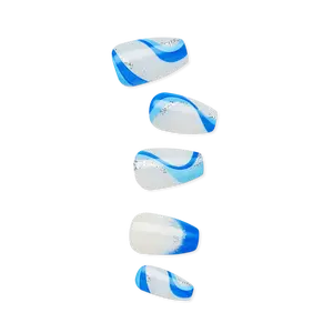 Impress Design No Glue Fake Press On Nails- Mesmerize | French Design, Blue, Medium, Coffin, Manicure
