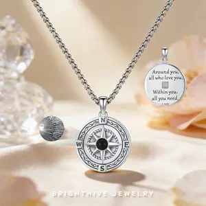 Brighthive S925 Compass Projection Necklace Nautical Inspired Silver Pendant 100 Languages “I Love You” Engraved Direction Symbol Jewelry, Unique Travel Accessory, For Adventure Lovers/Gifts, Stylish Piece