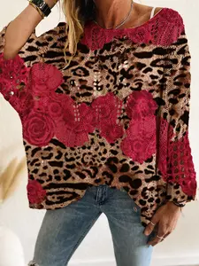 Women's V Neck Hollow Out Batwing Sleeve Knit Top Lightweight, Rose Leopard Print Floral Long Sleeve Fashion Sweater, Casual Elegant Vacation Knitwear