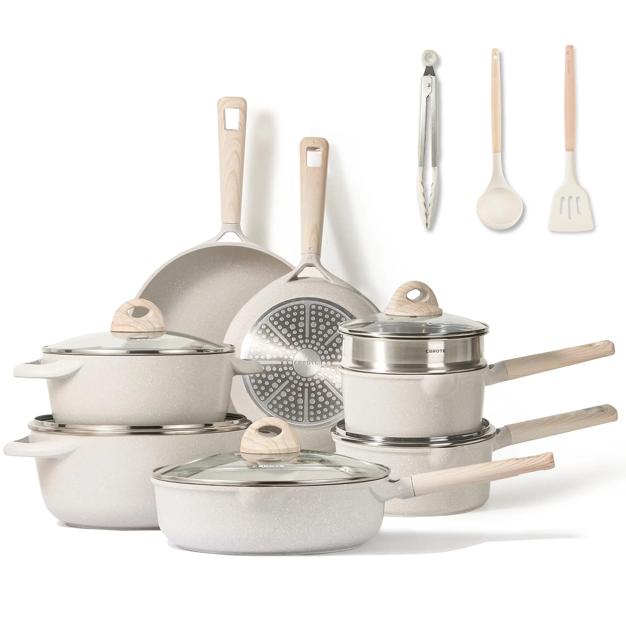 16pcs Pots and Pans Set Non Stick, Kitchen Cookware Sets, Large Capacity Granite Pots Set, Kitchen Induction Pots and Pans Cooking Sets, Beige