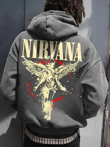 Nirvana Band Angel Print Hoodie, Soft Vintage Washed Cotton, Fall & Winter Warm Fitted High Street Rock Top, Casual Graphic Letter Design