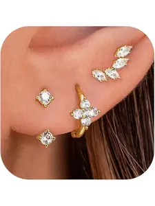 3 Pairs Earrings for Women 14K Gold Stud Huggie Small Hoop Earrings Zirconia Dainty Gold Earrings Stacks Hypoallergenic Cartilage Earrings Set for Multiple Piercings Earrings Jewelry Earring Stacking Set