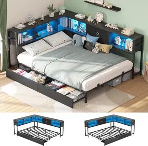Sikaic Corner Bed Frame with Storage Drawers and Bookcase Headboard, Metal Platform Corner Bed Frame with Charging Station and LED Lights, Daybed for Kids, Teens and Guests