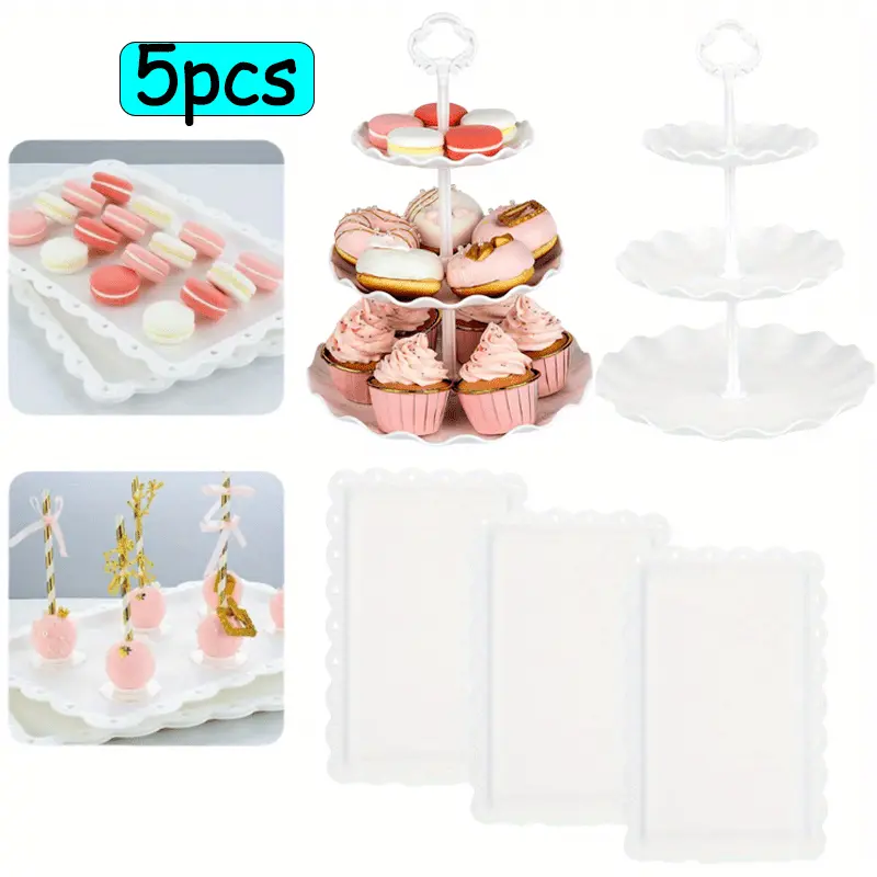 5Pcs Stacking Cupcake Stand Set - 2 White 3-Tier Cake Stands, 3 Plastic Serving Trays, Decorative Dessert Display Rack for Wedding & Party Decor, Cake Stands For Party