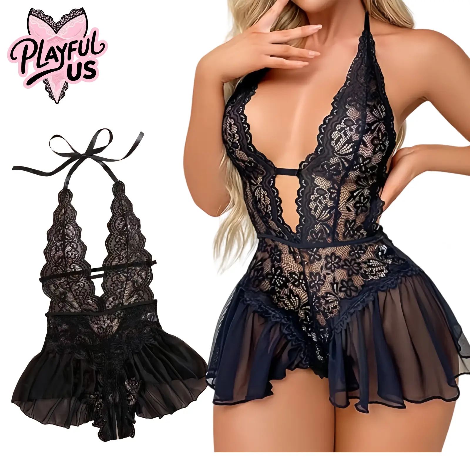 Women's Elegant Ruffle Babydoll Set, 2-Piece Stretchy Sheer Lace Nightwear, Wireless Slim Fit with Open Crotch, Stretchy Knit