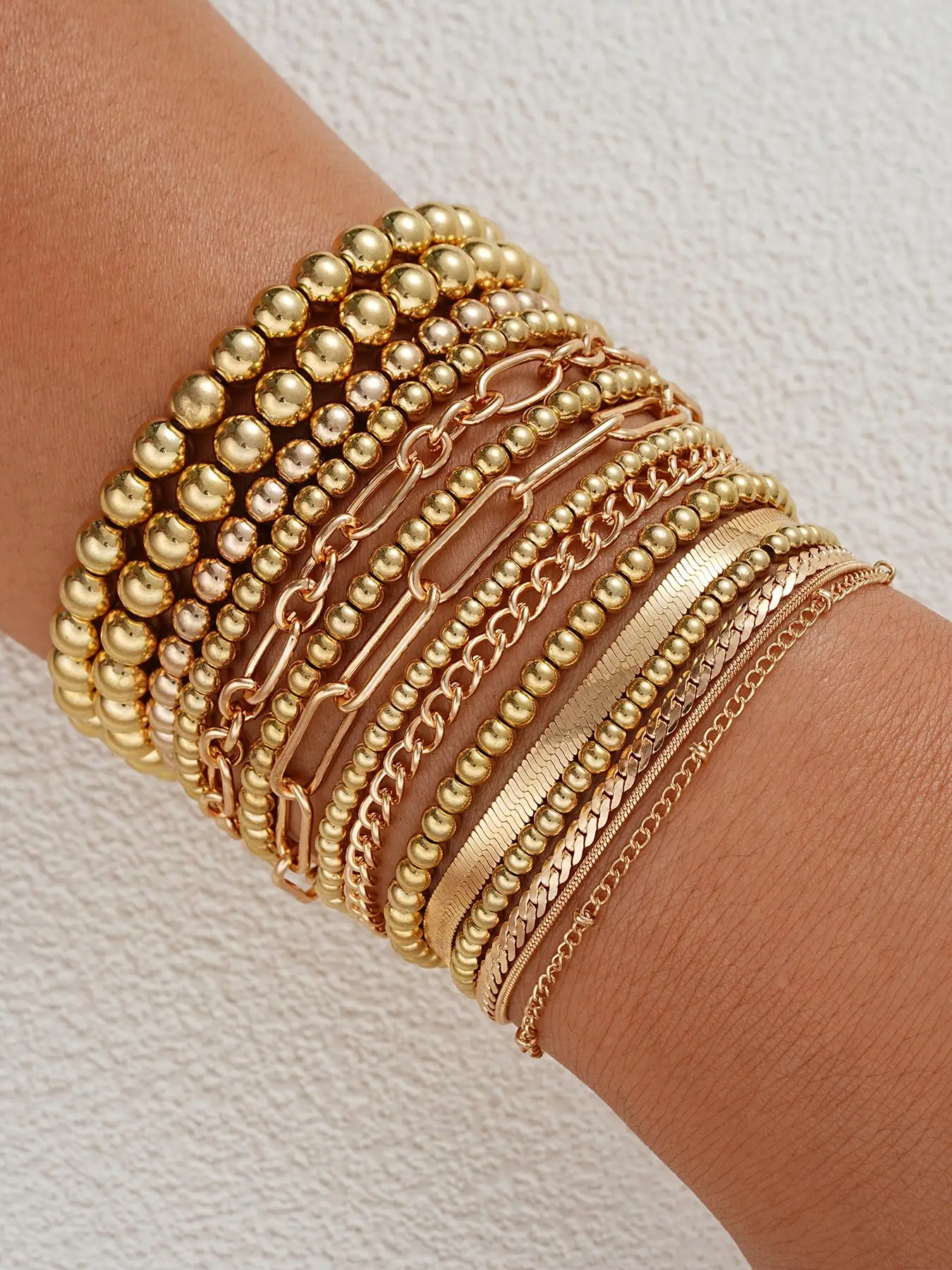 Golden Tone Bracelet, Fashion Minimalist Beaded & Link Bracelet Set, Elegant Bracelet for Women & Girls, Trendy All-match & Exquisite Boho Style Brace