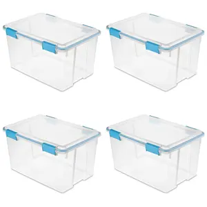 Sterilite 54 Quart Gasket Box, Stackable Storage Bin with Latching Lid, 4 Pack Organiser Plastic