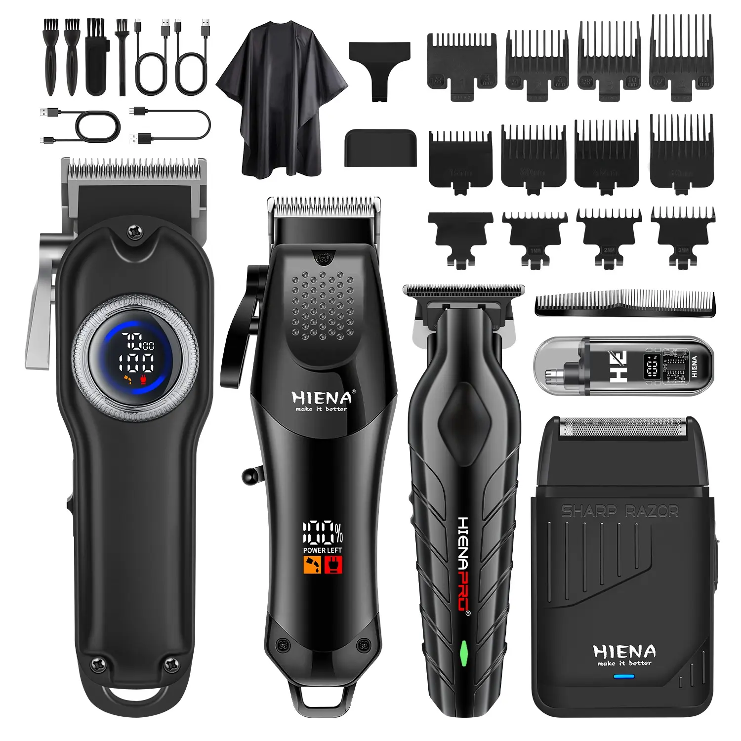 Hiena  Men's Professional Haircut Kit, Wireless Digital Trimmer Set, Beard Nose Hair Clipper, Multiple Combs & Apron Included, Cordless Clippers, Rechargeable Hair Clipper, Nose Hair Trimmers, Cordless Beard Trimming