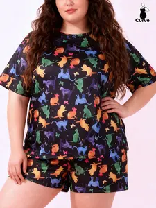 Spring Summer Plus Size Women's Casual Loungewear Set Relaxed Fit Sleepwear Cute Cartoon Cat Butterfly Print Short-Sleeve T-shirt & Shorts 2-Piece Pajamas Pjs for Home & Daily Outdoor Nightwear