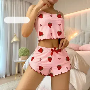 Sweet Strawberry Print Camisole and Shorts Two-Piece Set, Women's Pure Cotton Pajamas, Summer Thin Style, Can Be Worn Outside as Loungewear