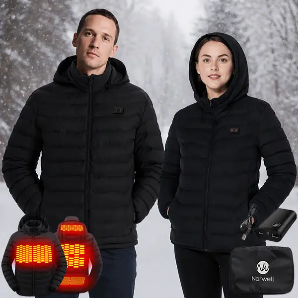 Norwell Heated Jacket for Men Women with Hood and Battery Pack, Dual Control 5Heat Zones Waterproof Comfort Basic Coat,Unisex Winter Outdoor Heating Jacket Hunting Skiing Black,Valentine's Day,Father's Day,Christmas Gift
