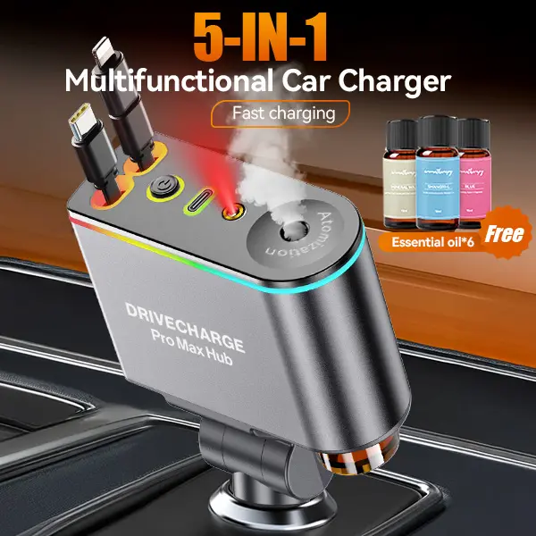 Retractable Fast Charge Car Charger with Fragrance Diffuser - Compact Hands-Free Car Interior Diffusers, Type-C & Lightning Cables, 3 Aromas, Auto Mist Mode, Star Night Light, Space-Saving Unit