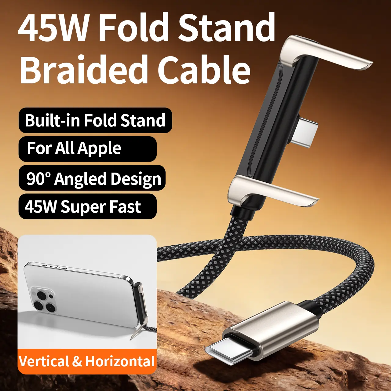 Hidden Stand Charging Cable - 45W Super Fast Electronic Mobile Charger, Compatible with iPhone 15/16/17 & Samsung Type-C Smartphone, 6.6ft & 3.3ft Black Cables, Ideal for Gaming & Car Travel