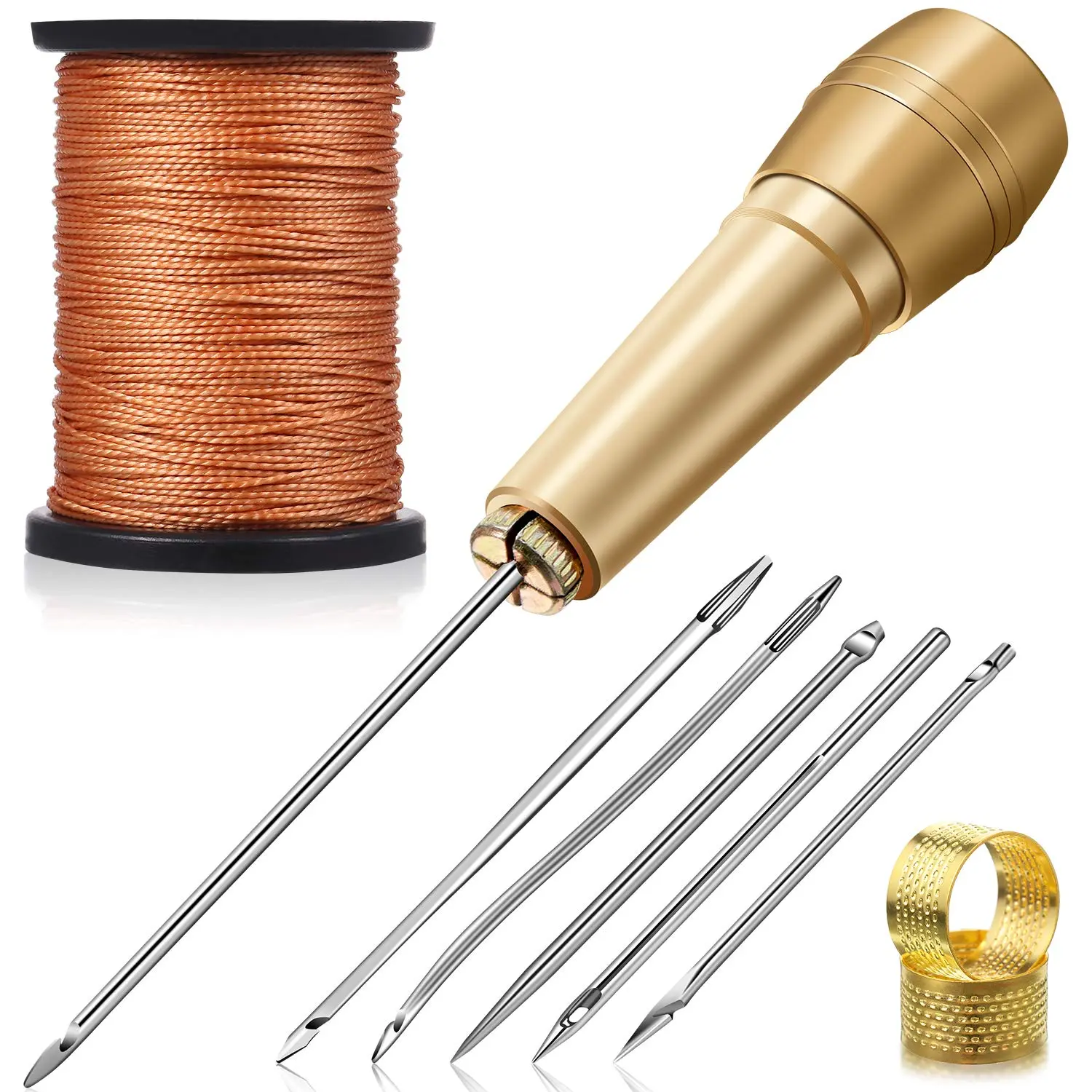 6-Piece Leather Sewing Awl Needle Set with Copper Handle, Sewing Tool Kit for Upholstery Repair, 50m High Strength Nylon Cord Thread, 2 Thimbles for DIY Handmade Projects