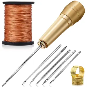 Leather Sewing Awl Needle Set with Copper Handle 6 Pieces for Upholstery Repair Kit 50 M Nylon Cord Thread & 2 Thimbles Handmade Tools for DIY Projects