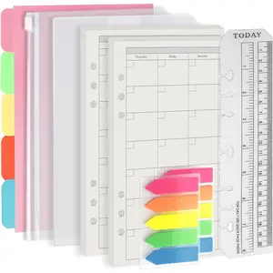A5 6 Holes Binder Refill Value Set, 90 Sheets Monthly Plan Loose Leaf Paper with Stickers and Dividers, Planner Insert with Binder Pockets for Refillable 6 Holes A5 Notebook