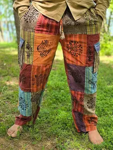 Organically Handmade Natural Stonewashed Patchwork Hippie Colorful Comfortable Yoga Pant Mushroom Prints Trouser