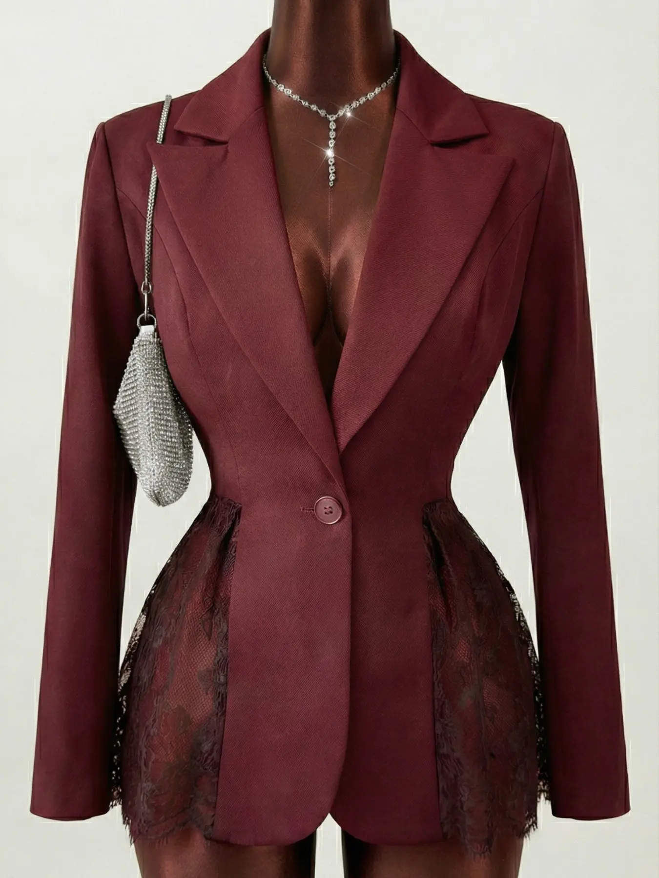 Women's Deep V Slim Fit Burgundy A-Line Lace Patchwork Suit Jacket, Lace Panel Dressy Blazer, Elegant Chic Party Wear, All Season Fashion, Sexy Evening, Womenswear Fitted
