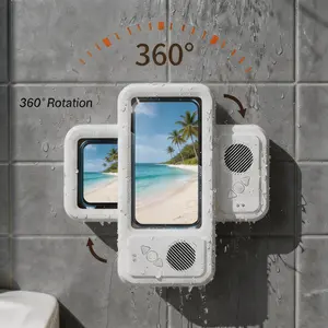 Waterproof box speaker, bathroom waterproof 360 ° rotating touch screen, Bluetooth speaker, watch movies, listen to music, phone holder Bluetooth speaker audio shower TV holder, Multifunctional Wireless Speaker, swimming pool, kitchen, bathroom, sink