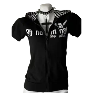 Y2K Subculture Skull Print Zip Cardigan Short Sleeve Women Japan Slim Fit Striped Hoodie Casual Tops Fashion Streetwear Clothes