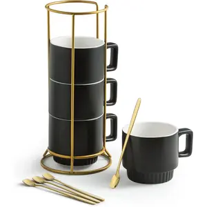 Stackable Coffee Mugs with Stand, 11oz Ceramic Latte Cup Set of 4 for Espresso Cappuccino  Hot Cocoa, Dishwasher & Microwave Safe, Black