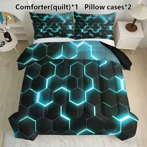 Hexagon Glow Bedding Set, Includes 1 Comforter & 2 Pillowcases, Cyberpunk Tech Decor, Synthetic Fiber Material, Home Bedroom Essentials