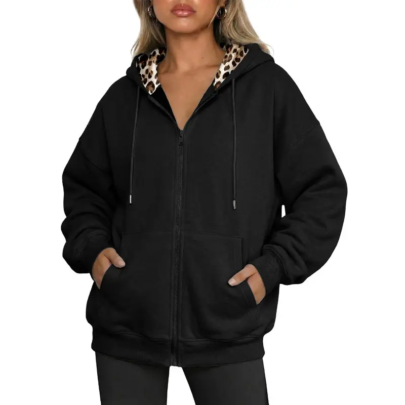 DOKOTOO Women Fall Winter Casual Sweatshirt Leopard Print Graphic Design Outerwear Streetwear Zip-up sweatshirt