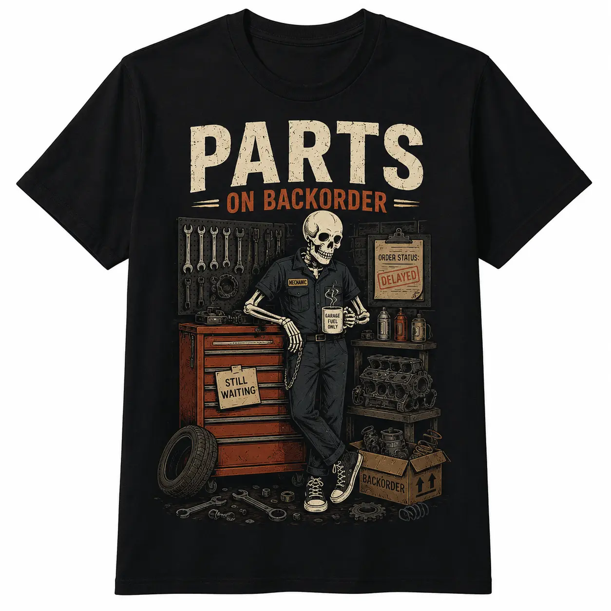Unisex Short-Sleeve Round Neck Casual Streetwear T-Shirt, Funny Skeleton Mechanic Design, Auto Repair Garage Gift, Black/White, Sizes Up to 3XL (Parts On Backorder), Shortsleeve, Tshirt