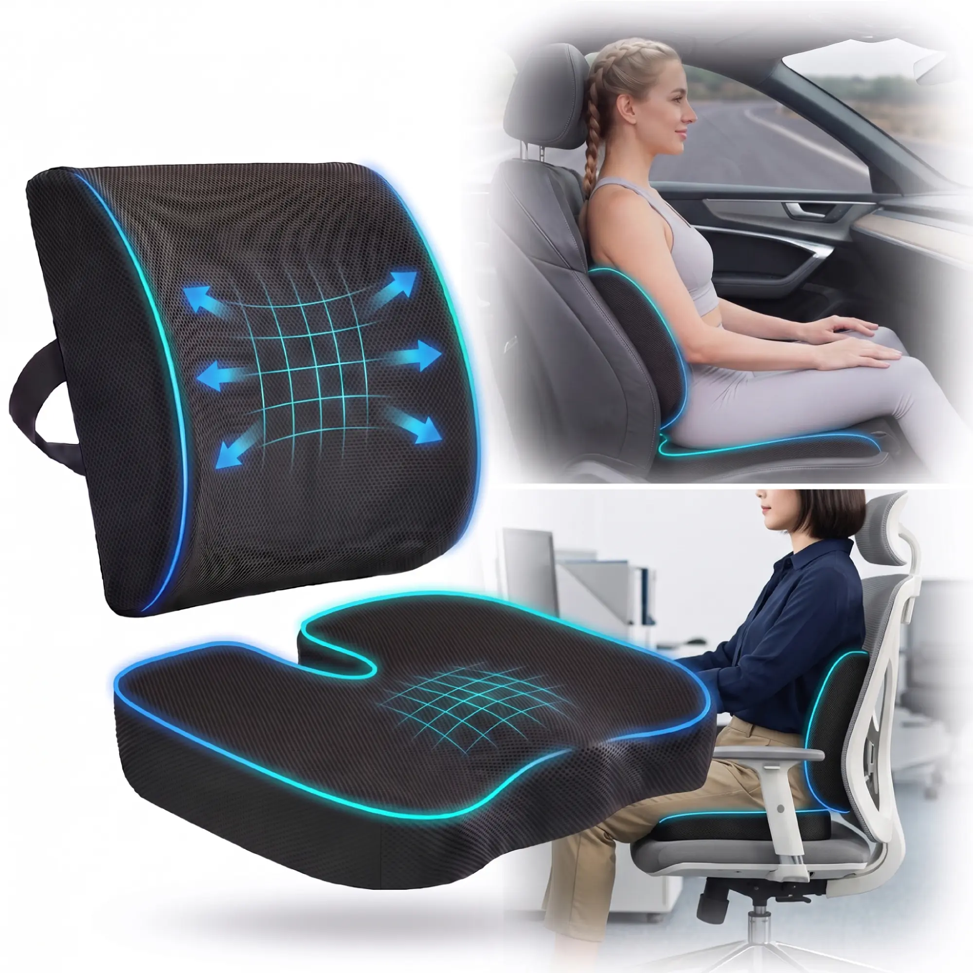 2-in-1 Ergonomic Memory Foam Cushion Set: Breathable Lumbar Support & Tailbone Relief for Truck Drivers & Office - Ideal Gift for Parents & Friends