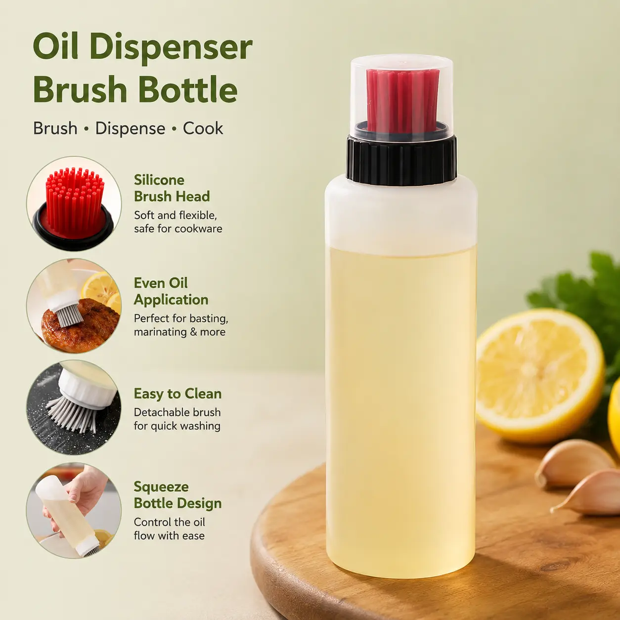 1 Count Oil Squeeze Bottle with Silicone Brush, Transparent with Measurement Scale for Grilling Baking and Kitchen Food Cooking