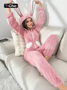 Women's Heart Pattern 3D Rabbit Ear Design Loungewear Hooded Onesie, Cute Zipper Long Sleeve Sleepwear Pajama, Casual Comfy Soft Flannel Sleepwear for Fall & Winter, Womenswear