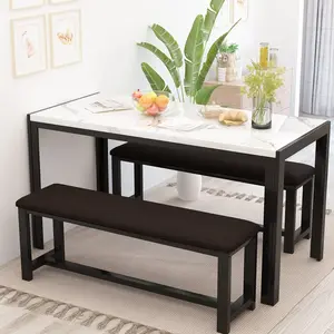 Recaceik Modern Dining Table Set for 4 with Faux Marble Top & 2 PU Leather Benches for Small Spaces - Minimalist Design for Kitchen & Living Room Apartment Furniture Interior