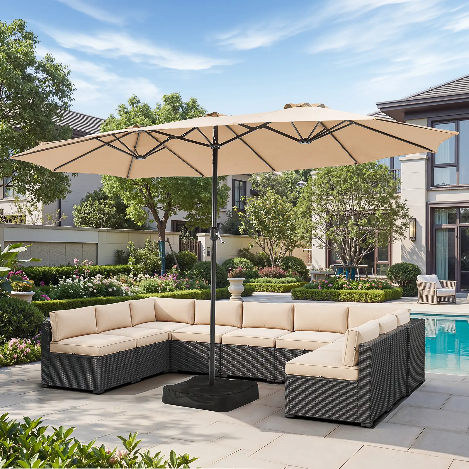 Aoxun 15ft Patio Umbrella with Base Included, Outdoor Double-Sided Rectangular Umbrella with Crank Handle & Ventilation, Large Standing Umbrella for Pool, Deck, Lawn, Backyard & Beach summerwins garden pool lawn backyard,home decor,camping essentials