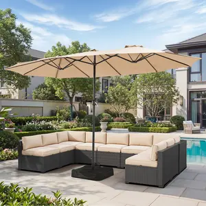 Aoxun 15ft Patio Umbrella with Base Included, Outdoor Double-Sided Rectangular Umbrella with Crank Handle & Ventilation, Large Standing Umbrella for Pool, Deck, Lawn, Backyard & Beach