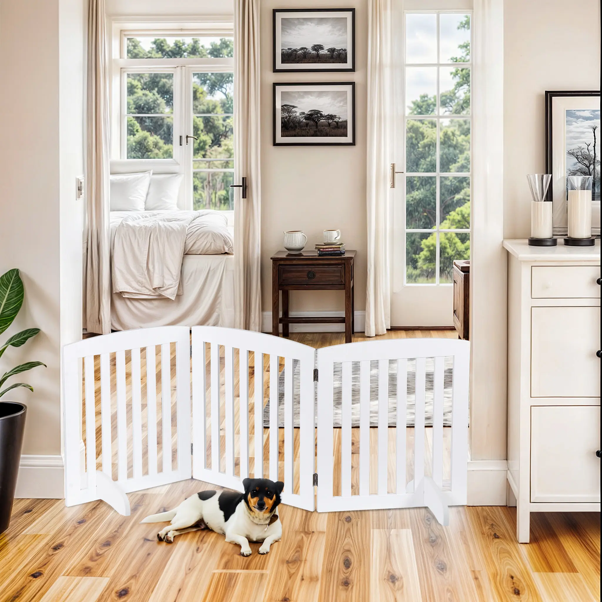 Segawe 24/36-Inch Wobble-Free Folding Pet Dog Gate - 3-Panel Portable Tool-Free Setup Playpen with Door, Area Divider for Doorway, Stairs, White