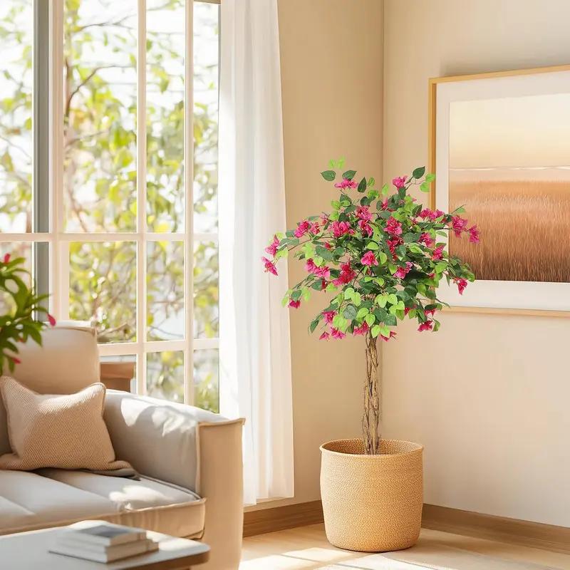 Tall Height Faux Plant Artificial Trees - 4ft (40-49in) Decorative Artificial Bougainvillea Flower Tree, Lifelike Blooms, Natural Look, Wood Trunk, Odourless Potted Plant for Indoor/Outdoor Home Decor