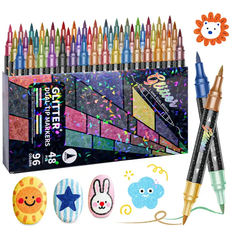 96-Color Sparkly Dual-Tip Glitter Effect Brush Markers, 1-5mm Soft Brush, Shimmering Art Supplies for Adults DIY Greeting Cards, Non-Wooden Vibrant Tools for Doodle Writing Crafts