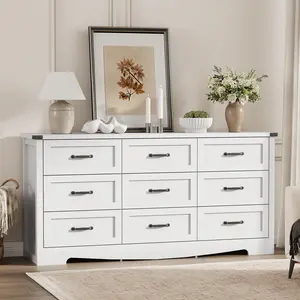 White Dresser for Bedroom, 59'' Wide Wooden Chest of Drawers with Natural Wood Texture, 9 Drawer Dresser for Closet with Metal Handles, Sleek Storage Solution for Living Room, Office, Hallway