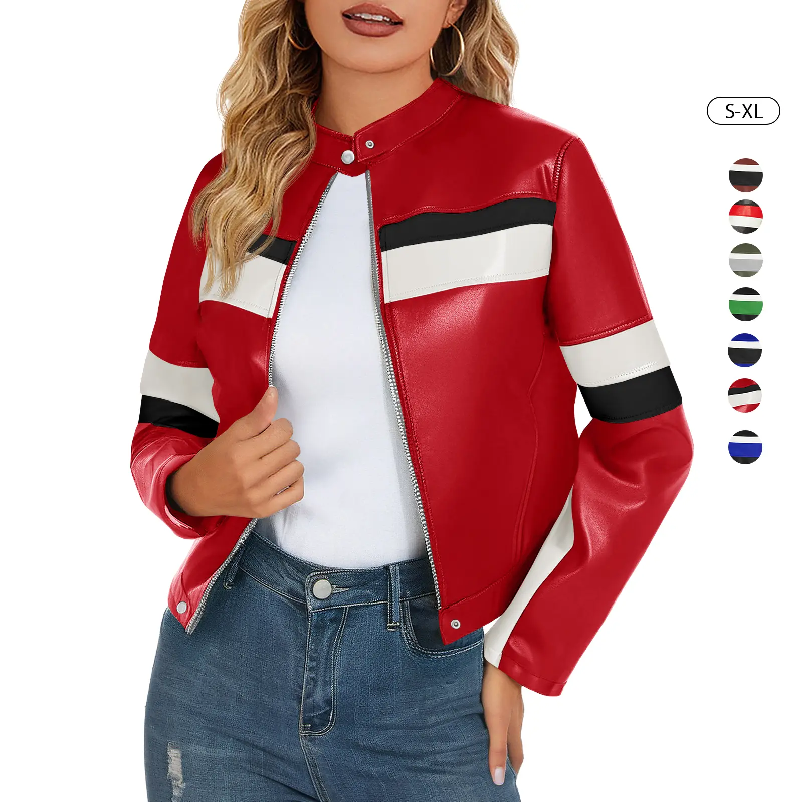Tankaneo Womens Cropped Moto Biker Jackets Faux Leather Bomber Jacket Color Block Vintage Racing Coats