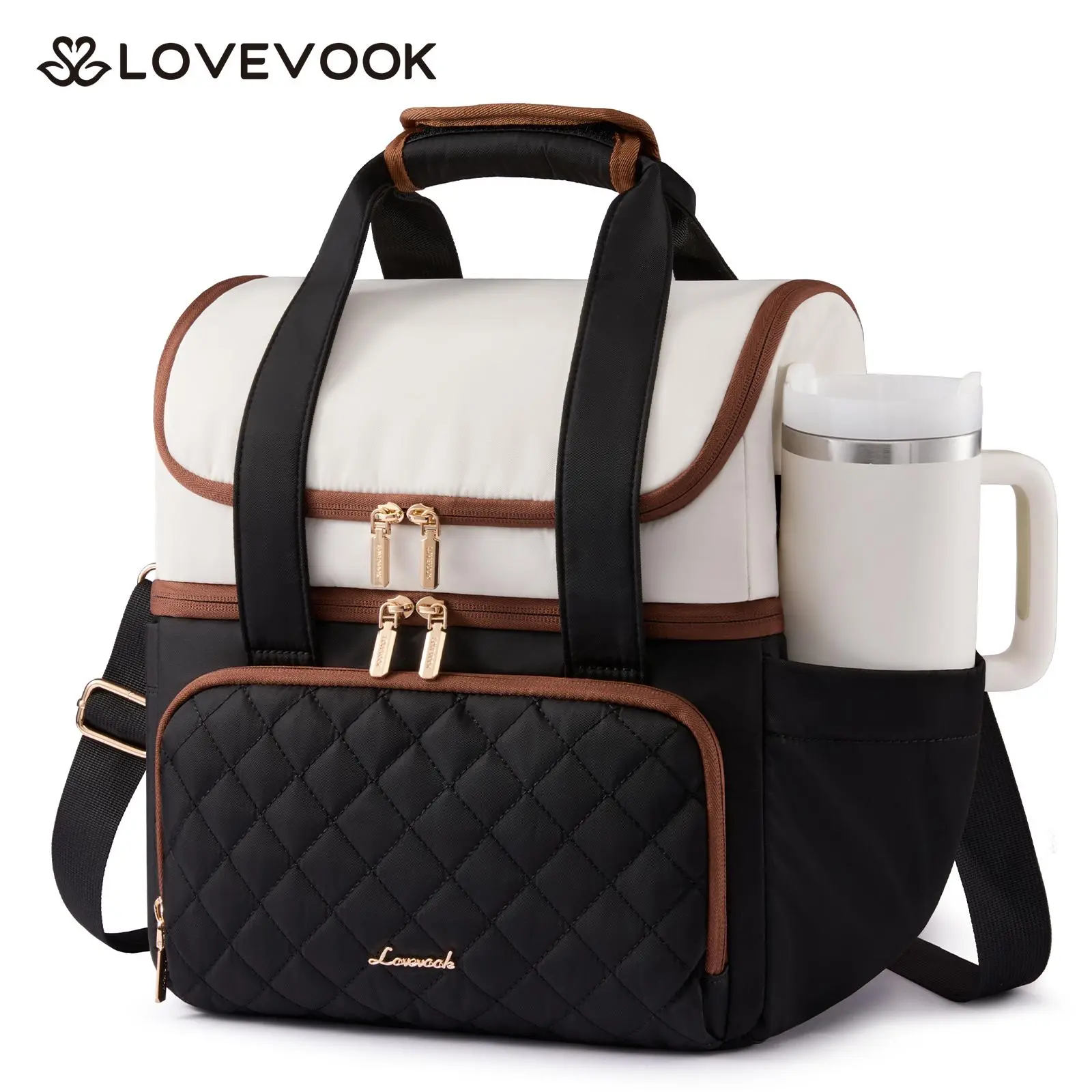 LOVEVOOK Insulated Lunch Bag For Women,Large Double Deck Adult Lunch Box,Teacher Lunch Tote Bag With Cup Holder,Leakproof Cooler Bag With Adjustable Shoulder Strap For Work Picnic Beach,Larger 15L outdoorfun