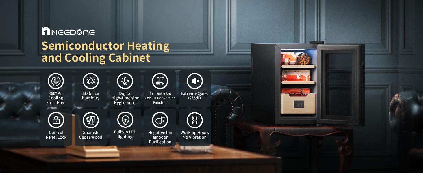 Electric Cigar Humidor Cabinet (16L,23L,26L,48L Options) - Silent Thermostatic Heating & Cooling Control, 350-Count Capacity, Digital Hygrometer, Spanish Cedar Wood, Touch Sensor, LED Light, 4-Season Applicable Humidity Management, Men's Gift, Four-Season