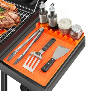 Silicone Grill Cover Mat for Grill Large Griddle Tools Mat with Drip Pad Heat Resistant BBQ Tool Rest Side Shelf Spatula Mat for Outdoor Kitchen Countertop Grey or Orange Gift for Men Barbecue Accessories Utensils Stainless Steel L Lock Lock