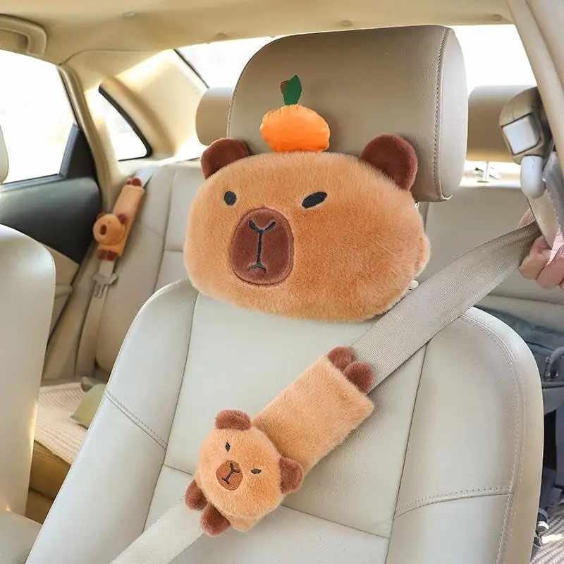 Cute Capybara Car Headrest and Seat Belt Pad Set, Soft Plush Animal Neck Pillow, Universal Fit, Fun Cartoon Car Interior Decor, Car Interior Accessory, Car Accessories